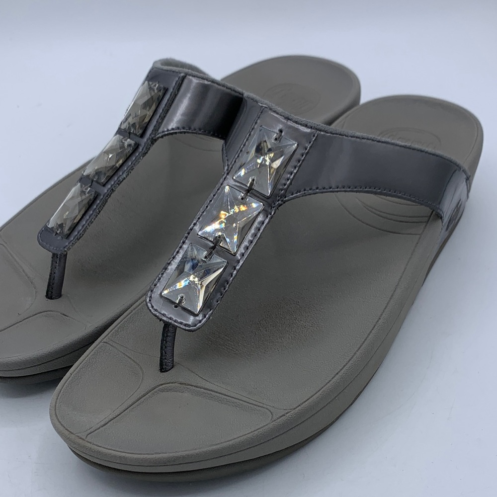 FitFlop Pietra Jeweled T Strap Wedge Platform Sandals Women’s Size 9 Silver/Gray